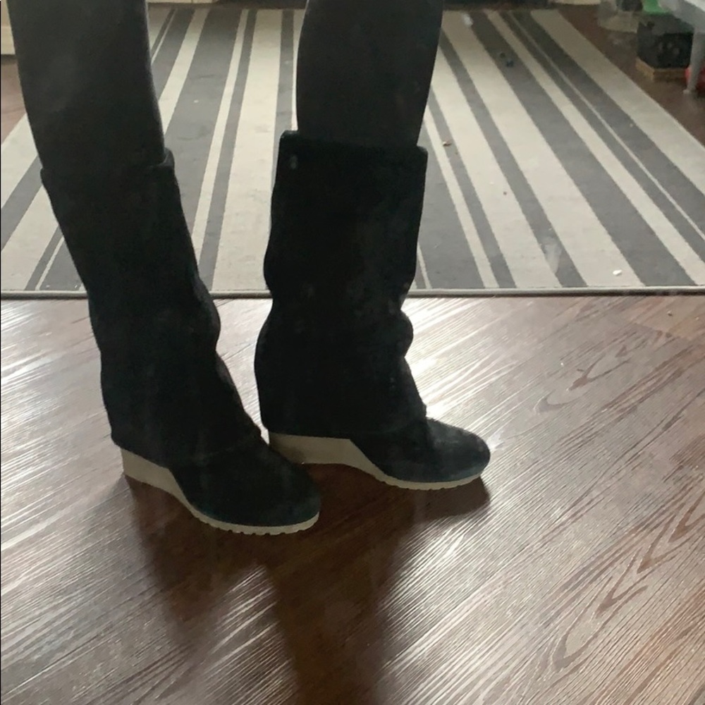 Black Wedge Suede Mid-Calf Boots -  Women